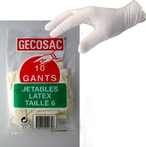 10 gants jetables en latex poudrés taille 6